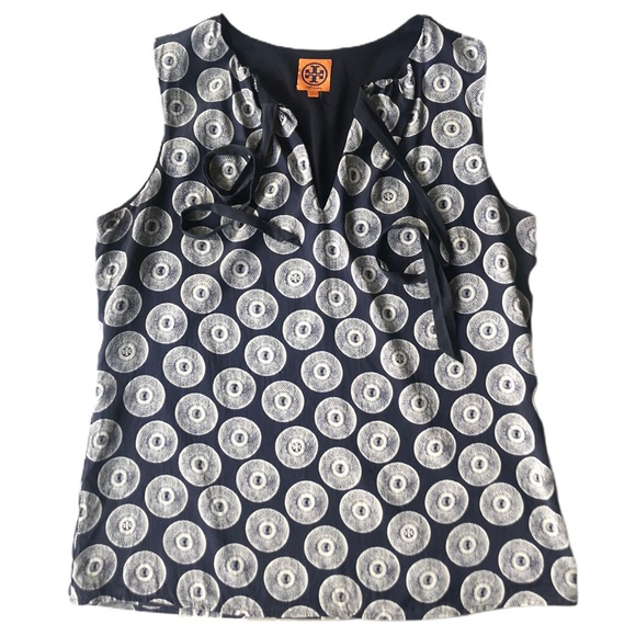 Tory Burch Tops - Tory Burch Navy Medallion Silk Tank Tie Neck 12